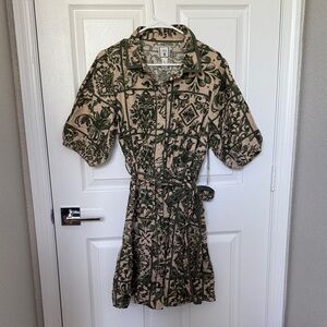 Floral Print Green and Tan Dress